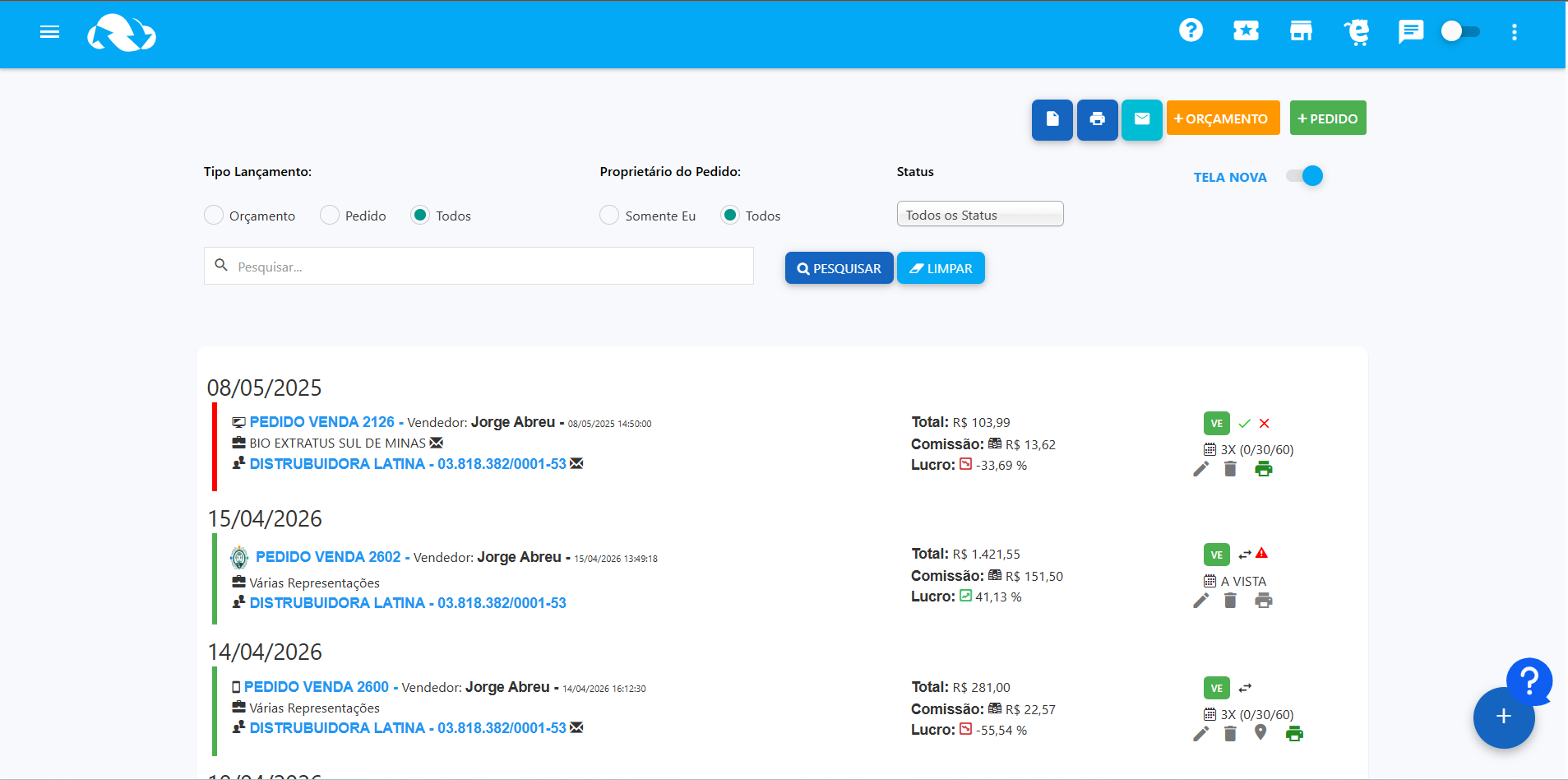 Painel web de pedidos sincronizado com Bling
